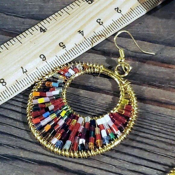 Beaded Red Multi Tiny Glass Beads Gogo Gold Tone Hoop Earrings - Picture 8 of 8